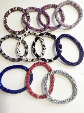Nepal Roll-On Glass Beaded Bracelets Set of 11 Handmade Mixed Colors OSFM
